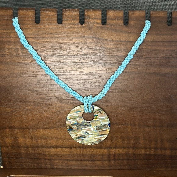 Turquoise Beaded Necklace with Shell Mosaic Pendant - Picture 2 of 6